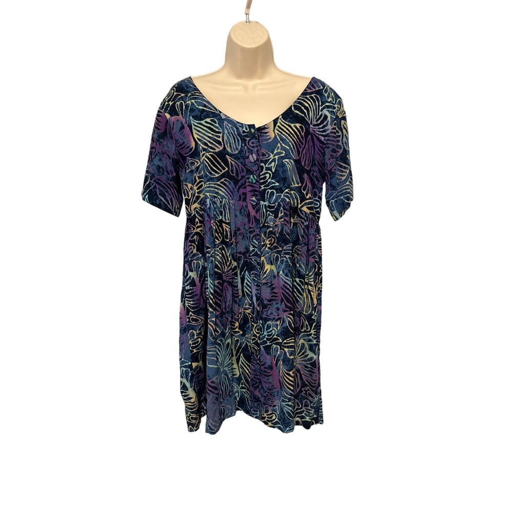 Far Away Handmade Batik Rayon Dress Purple Blue Abstract Empire Waist Size M‎